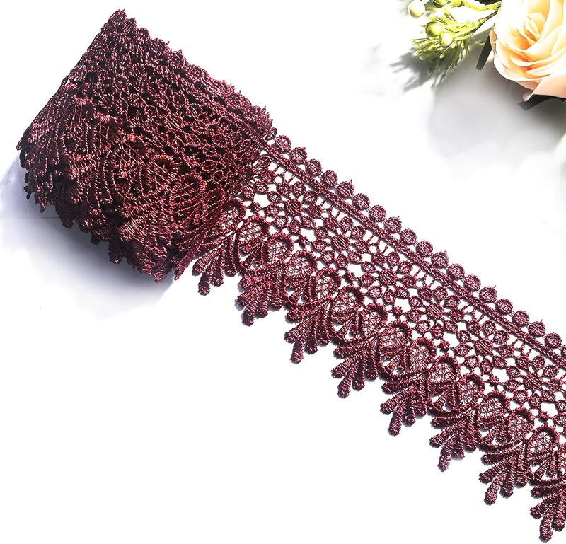 DKKUAYANGUP (Burgundy Floral Lace Trim - 5 Yards, 9cm Wide | Wedding Dress Embellishment, Gift Packaging, Party Decor | DIY Sewing & Craft Supplies - Image 1